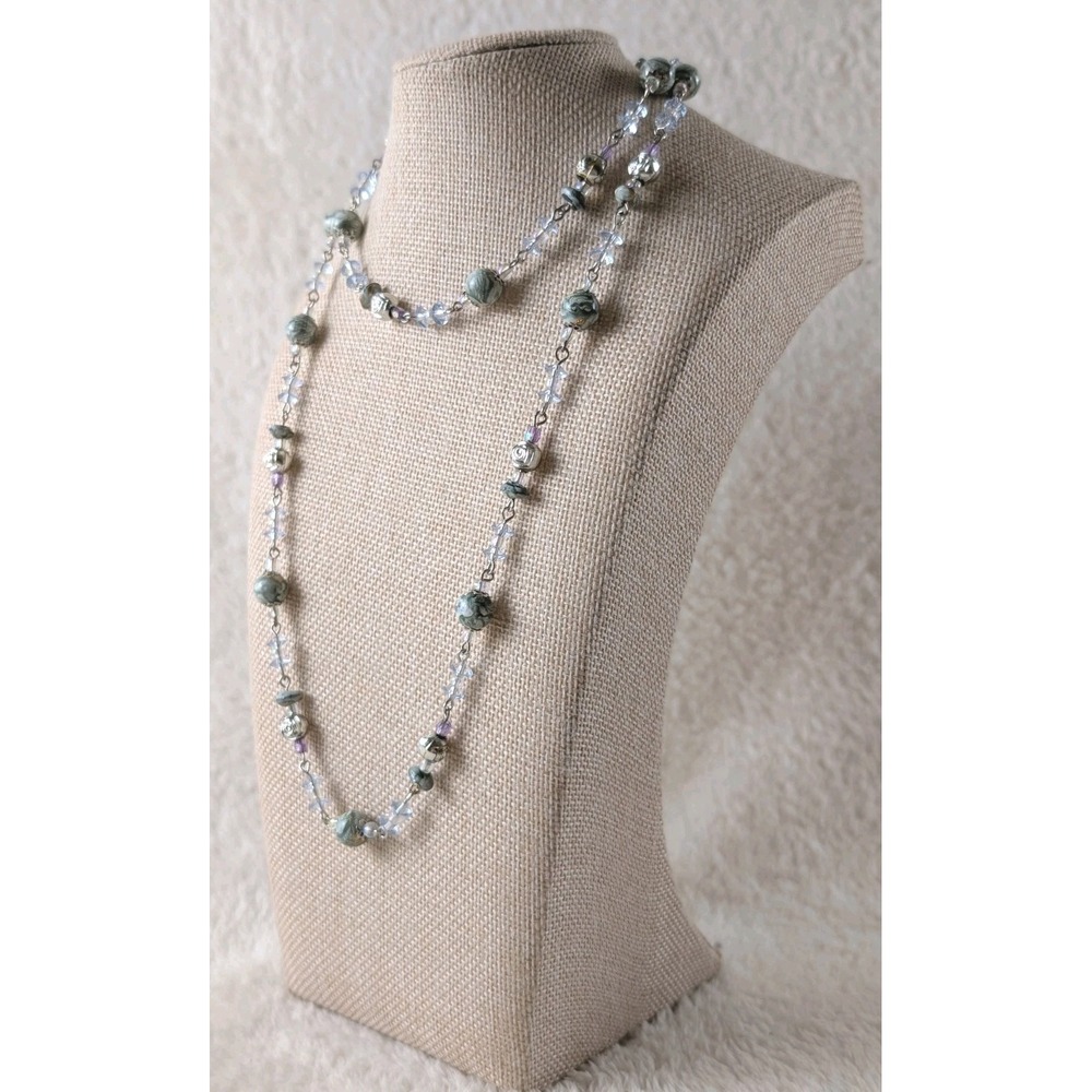 Long Beaded Necklace Blue Crystal Glass Stone Silver Tone Layering Boho